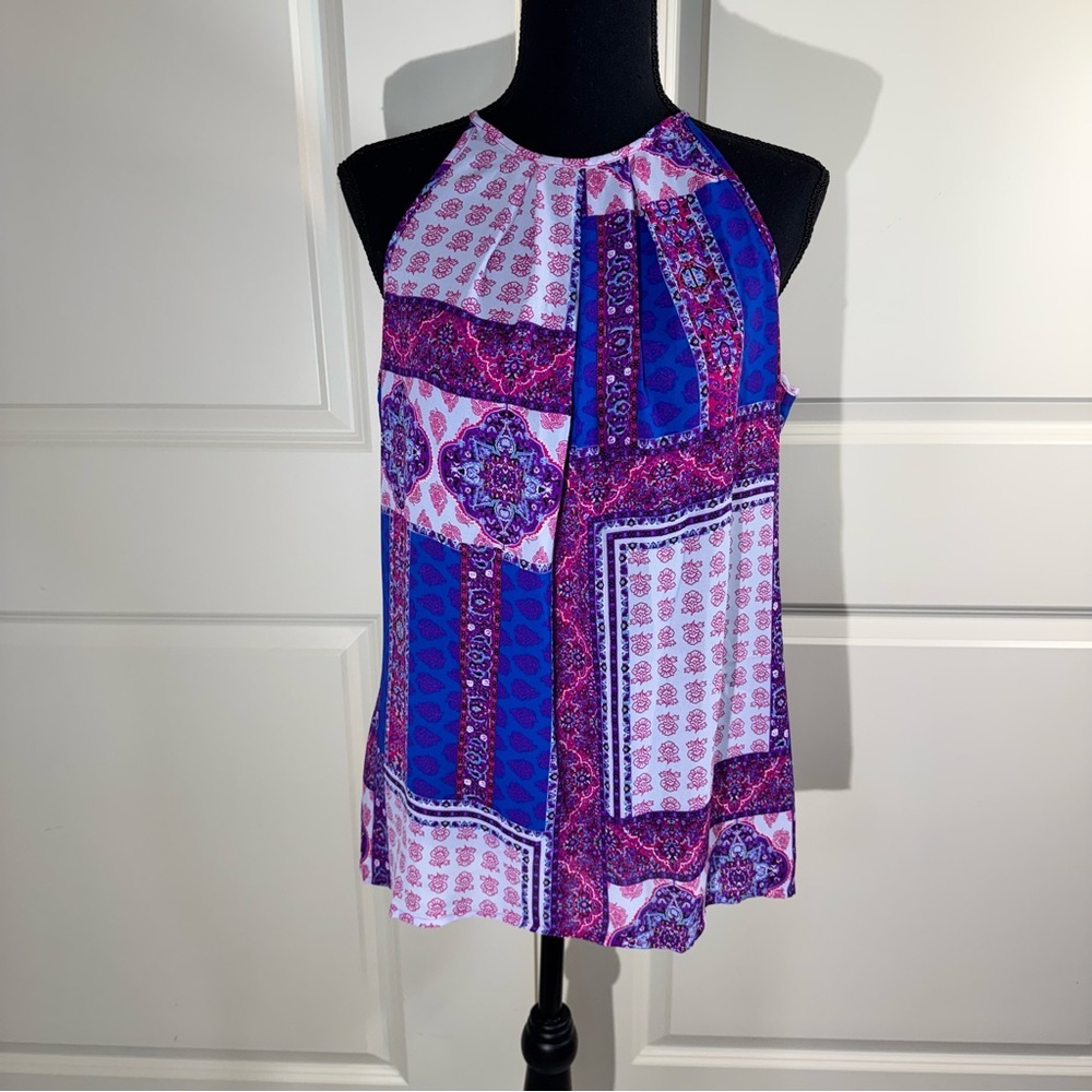 Violet & Claire Boho Mandala Floral Blue, White,Pink and Purple Halter Top Med